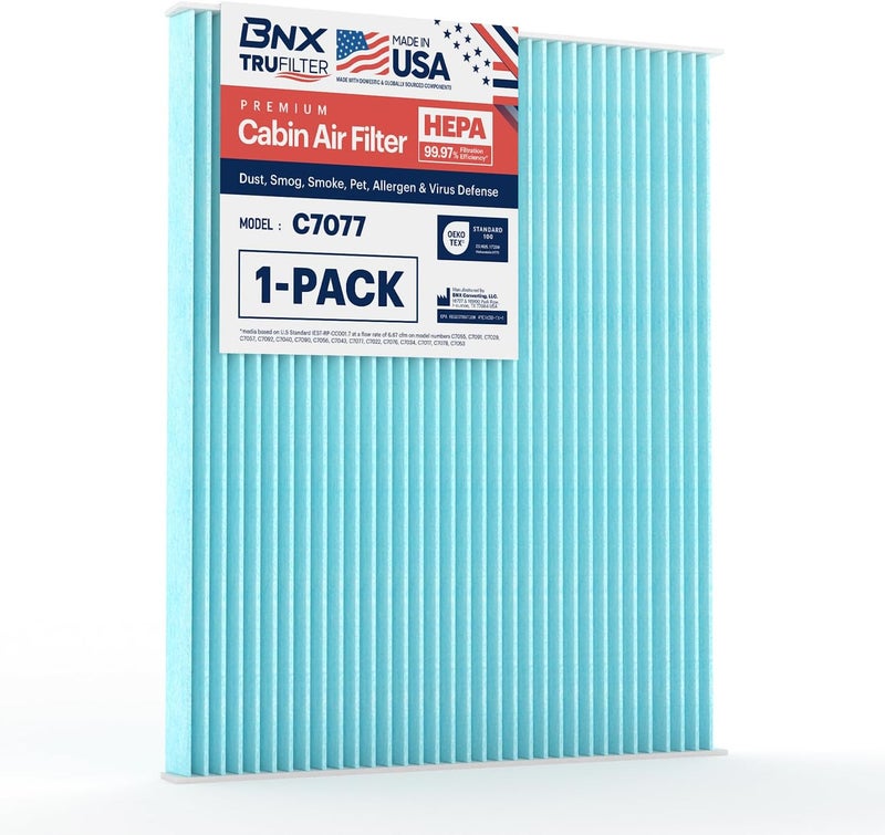 BNX TruFilter C7077 Cabin Air Filter, HEPA 99.97%, MADE IN USA, Compatible With Ford Edge, Fusion, Police Responder Hybrid, SSV Plug-In Hybrid; Lincoln Continental, MKX, MKZ - Image 1